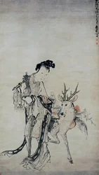 Ma-gu hält eine Vase mit einem Hirsch